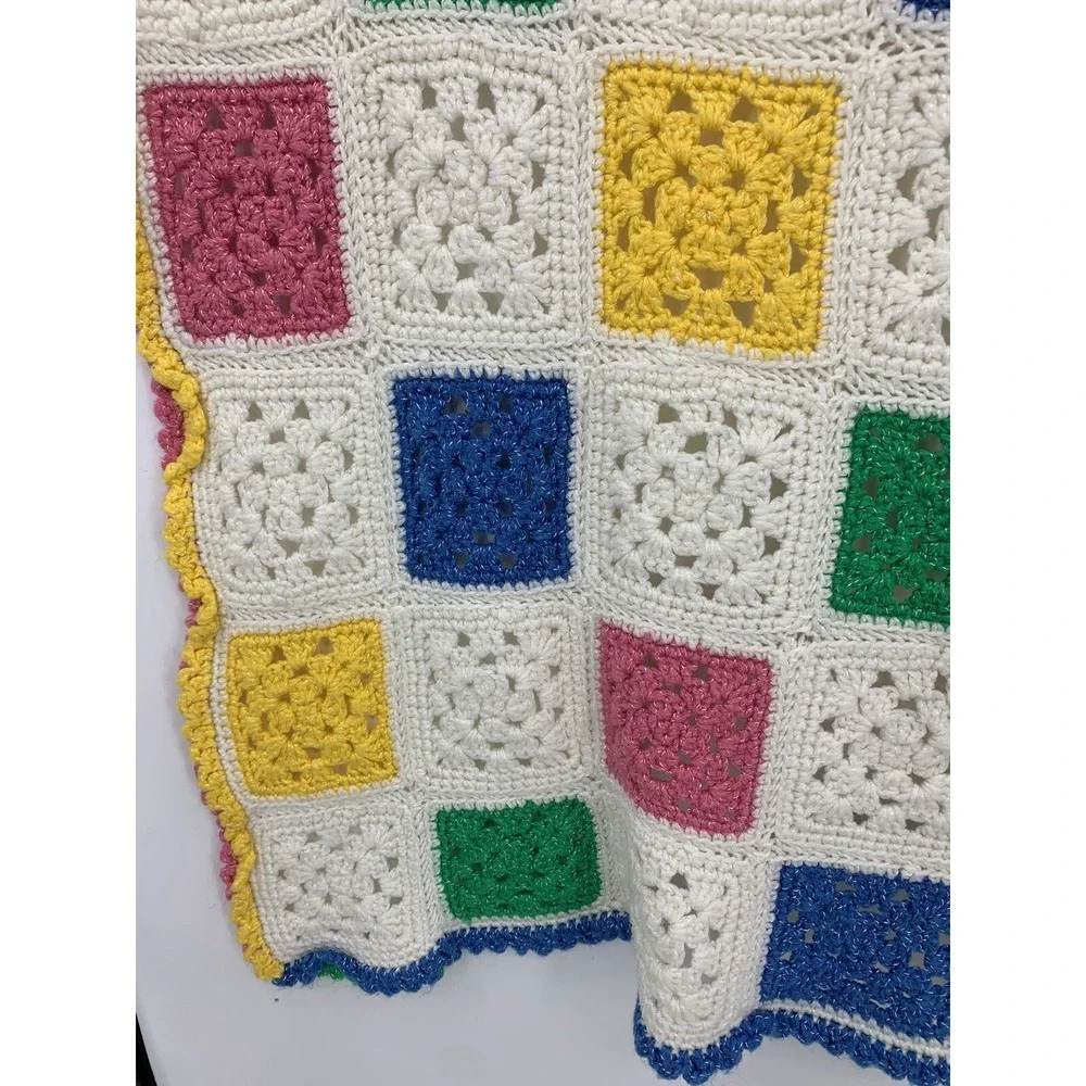 Vintage Handmade Crochet Baby Blanket Afghan Granny Square 44